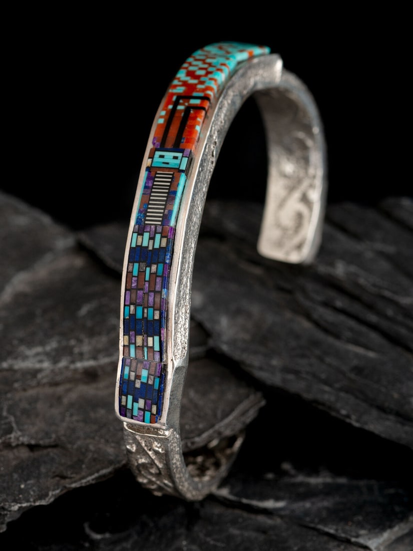 Carl and Irene Clark (Diné, b. 1952 / b. 1950) Sterling Silver and Figural Micro Mosaic Cuff (1 of 2)