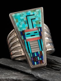 Carl and Irene Clark (Diné, b. 1952 / b. 1950) Sterling Silver and Micro Mosaic Figural Ring