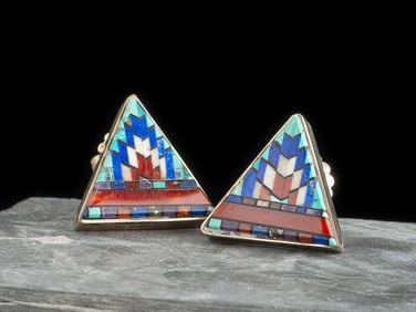 Carl and Irene Clark (Diné, b. 1952 / b. 1950) Sterling Silver and Micro Mosaic Post Earrings
