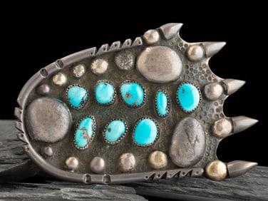 Heavy Navajo Silver and Turquoise Bear Paw Belt Buckle