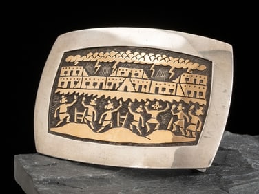 Watson Honanie (Hopi, 1953-2023) Sterling Silver and 14K Gold Belt Buckle, with Storming Pueblo and
