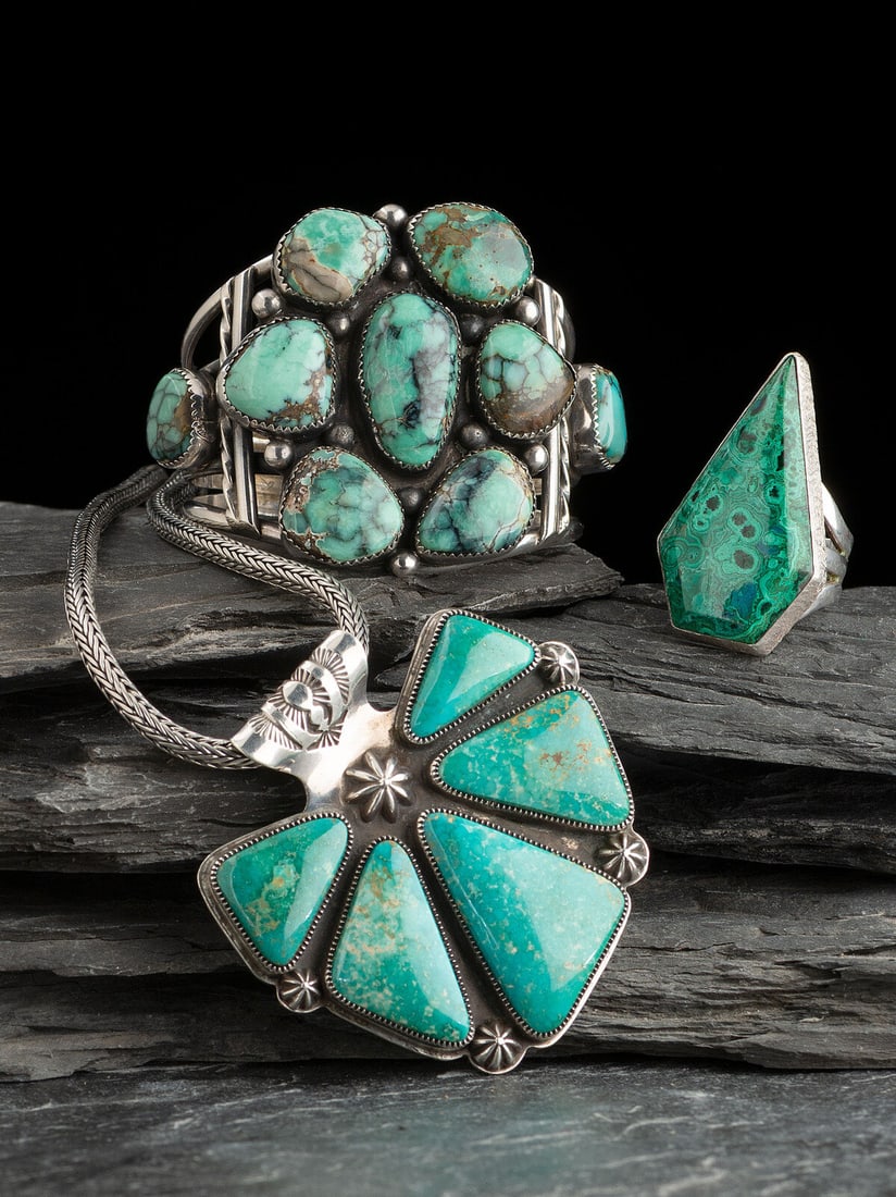 Navajo and Kewa Necklace, Ring, and Cuff Bracelet: Navajo and Kewa Necklace, Ring, and Cuff Bracelet ca 2000 lot of 3, includes: a silver and malachite ring signed by Anthony Lovato (Kewa, b. 1958) and dated 2000 size 8.5, weight 16.5 dwt. a silver pe