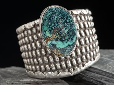 Anthony Lovato  (Kewa, b. 1958) Tufa Cast Sterling Silver Corn Cuff Bracelet, 2000