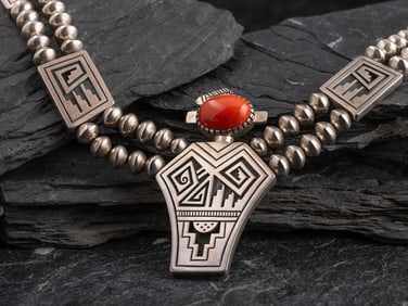 Roy Talahaftewa (Hopi, b. 1955) Sterling Silver and Coral Figural Necklace