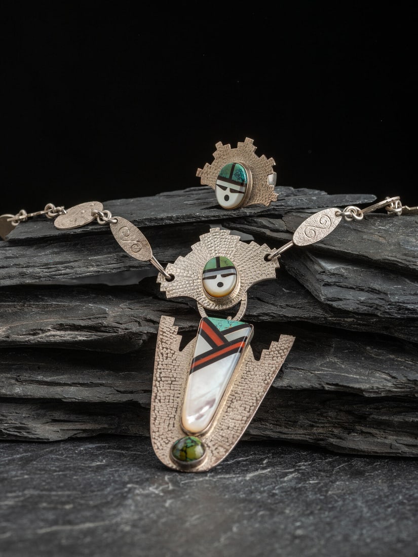 Navajo or Zuni Figural Necklace and Ring, with Stand (1 of 3)