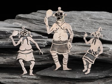 Hopi Sterling Silver Overlay Mudhead Pins / Brooches