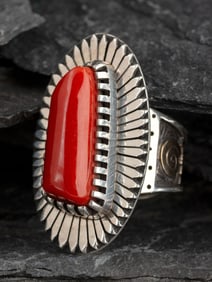 Arland Ben (Diné, b. 1962) Sterling Silver and Coral Ring, with 14K Gold Petroglyph Accents