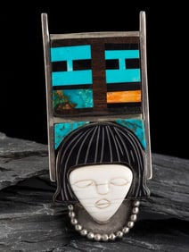 Gomeo Bobelu (Zuni, 1964-2022) Carved Mosaic Inlay Figural Pin
