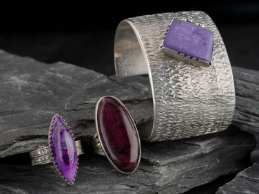 Navajo and Zuni Silver Cuff Bracelet and Rings Set with Sugilite or Chaorite