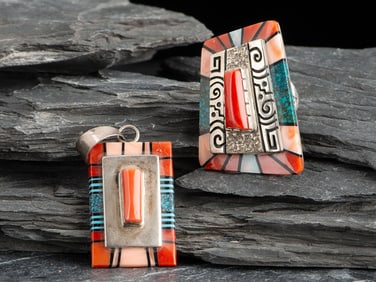 Philbert Begay  (Diné, b. 1969) Matching Sterling Silver and Mosaic Inlay Ring and Pendant