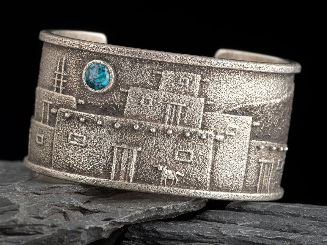 Darryl Dean Begay (Diné, b. 1973) Tufa Cast Sterling Silver and Turquoise Cuff Bracelet, Pueblo (1 of 2)