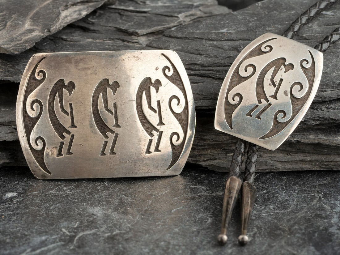 Monte Navasie (Hopi, act. since 1990s) Sterling Silver Overlay Kokopeli Belt Buckle and Bolo Tie, (1 of 2)