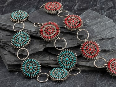 Navajo or Zuni Reversible Turquoise and Coral Link Concha Belt