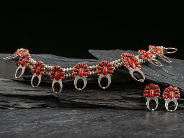 Navajo or Zuni Coral Cluster Squash Blossom Necklace and Matching Earrings