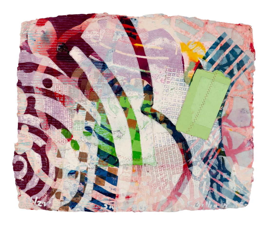 Sam Gilliam (American, 1933–2022) Shoebox, 1997: Sam Gilliam (American, 1933–2022) Shoebox, 1997 relief etching with collage on handmade paper signed, titled, dated, and numbered 16/21 in silver ink 20 x 23 1/2 inches. Property from the