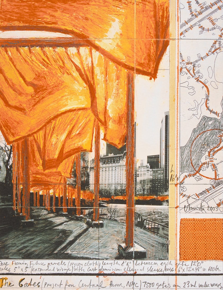 Christo (Bulgarian, 1935-2020) The Gates XX, Project for Central Park, New York, 2003: Christo (Bulgarian, 1935-2020) The Gates XX, Project for Central Park, New York, 2003 offset color lithograph and collage on paper signed in pencil 16 1/2 x 12 1/2 inches. Property from the Gary W. Lo