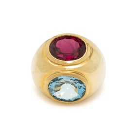 TIFFANY & CO., PALOMA PICASSO, YELLOW GOLD, AQUAMARINE, AND RUBELLITE TOURMALINE RING