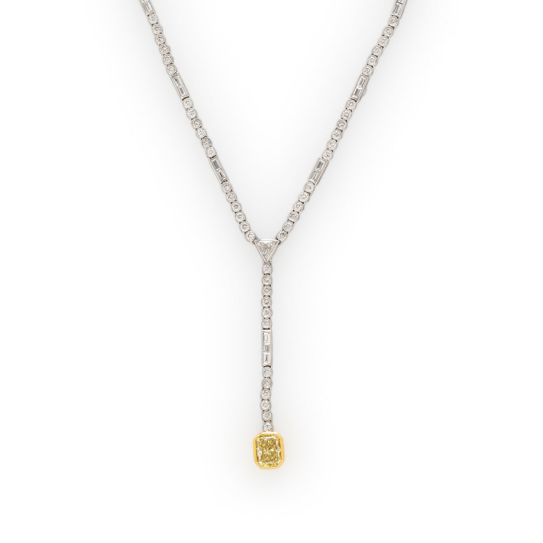 SOPHIA D., COLORED DIAMOND AND DIAMOND LAVALIER NECKLACE: SOPHIA D., COLORED DIAMOND AND DIAMOND LAVALIER NECKLACE Necklace set with numerous round brilliant and straight baguette cut diamonds in an alternating pattern centered by a triangle cut diamond, wei