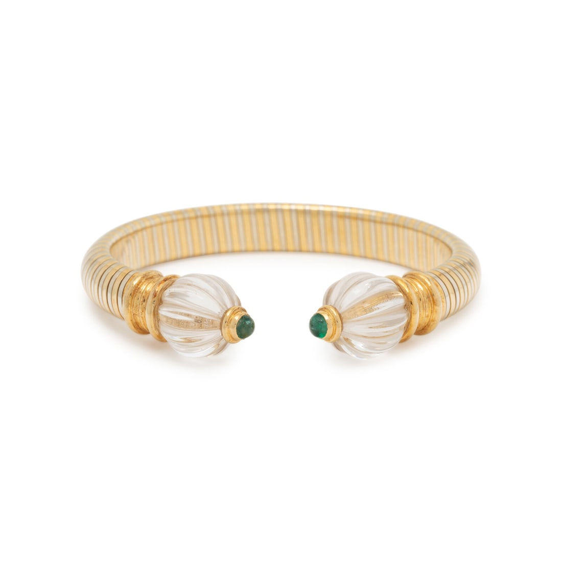 BOUCHERON, BICOLOR GOLD, ROCK CRYSTAL, AND EMERALD CUFF BRACELET (1 of 2)