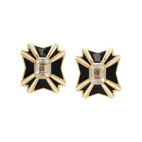 VERDURA, YELLOW GOLD, BLACK ENAMEL, AND WHITE TOPAZ MALTESE CROSS EARRINGS