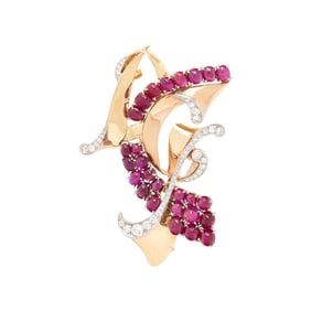 TRABERT & HOEFFER-MAUBOUSSIN, TRICOLOR GOLD, RUBY, AND DIAMOND 'REFLECTION' BROOCH
