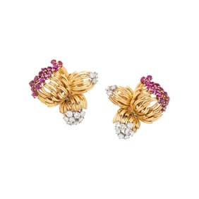 TIFFANY & CO., YELLOW GOLD, RUBY, AND DIAMOND EARRINGS