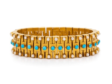 VICTORIAN, TURQUOISE, SEED PEARL, AND YELLOW GOLD LINK BRACELET