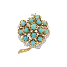 VAN CLEEF & ARPELS, TURQUOISE AND DIAMOND FLOWER BROOCH
