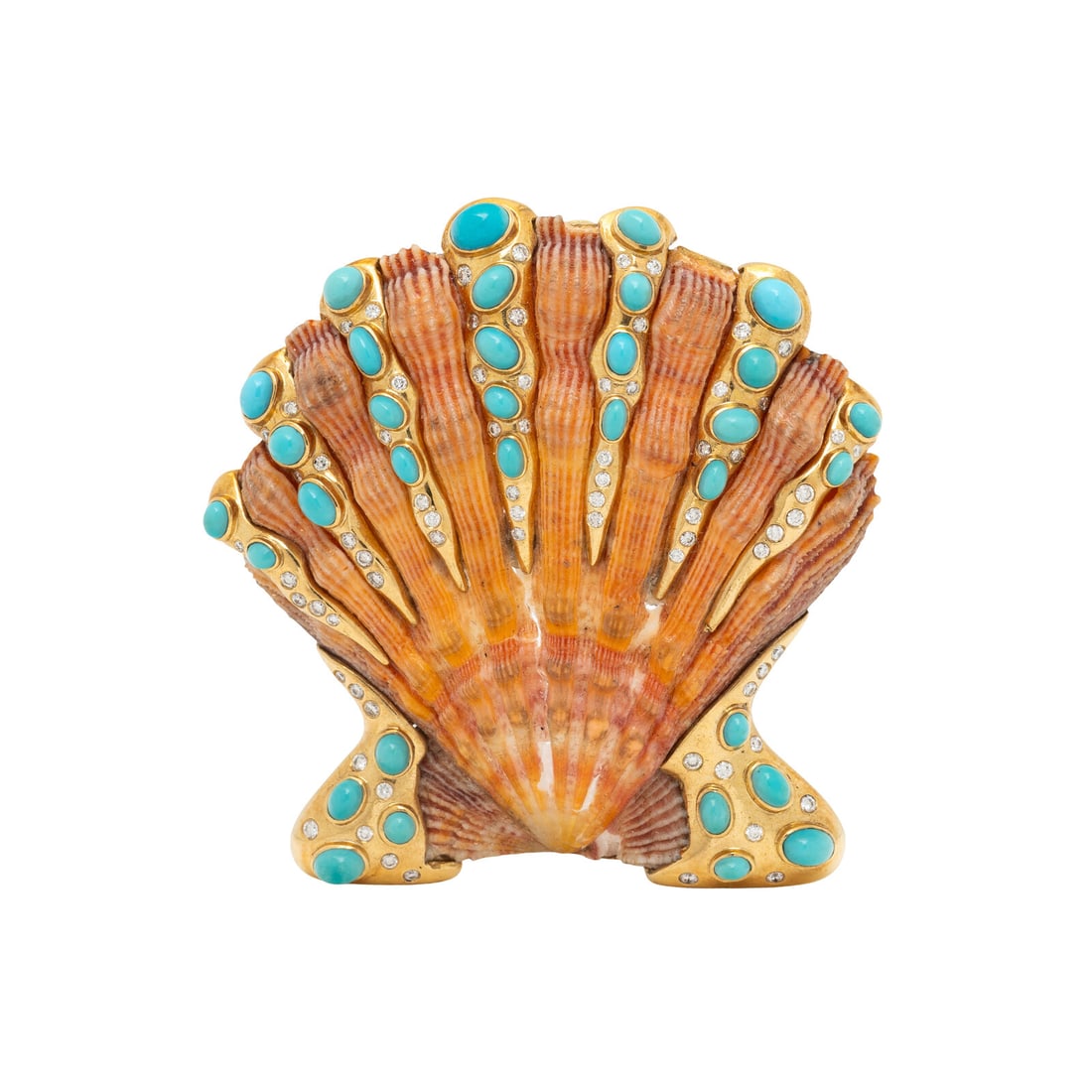 VERDURA, 'LION'S PAW' TURQUOISE, DIAMOND, AND YELLOW GOLD BROOCH (1 of 2)