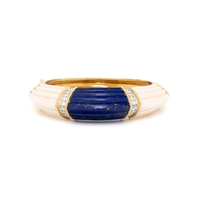 FRENCH, LAPIS LAZULI, ANGELSKIN CORAL, DIAMOND, AND YELLOW GOLD BANGLE BRACELET
