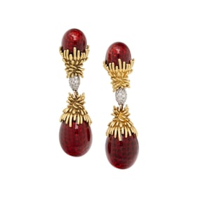 FRENCH, ENAMEL, DIAMOND, AND YELLOW GOLD CONVERTIBLE EARRINGS