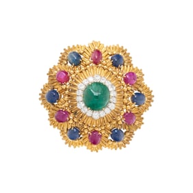 DAVID WEBB, YELLOW GOLD, EMERALD, RUBY, SAPPHIRE, AND DIAMOND BROOCH