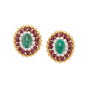 DAVID WEBB, YELLOW GOLD, EMERALD, RUBY, AND DIAMOND  EARRINGS
