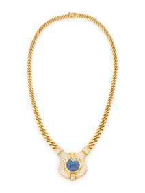 BURMESE SAPPHIRE, DIAMOND, AND YELLOW GOLD NECKLACE