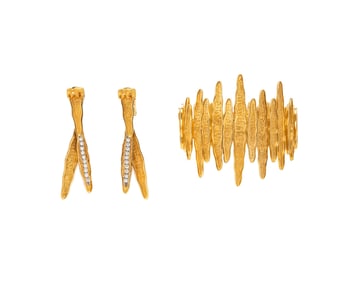 MAPAMENOS NATEPAS, YELLOW GOLD AND DIAMOND BRACELET AND EARRINGS