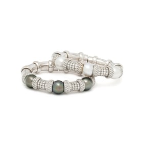 PAIR OF CULTURED PEARL, DIAMOND, AND WHITE GOLD CUFF BRACELETS