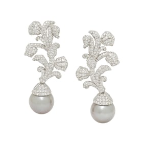 DIAMOND, CULTURED PEARL, AND WHITE GOLD CONVERTIBLE EARRINGS