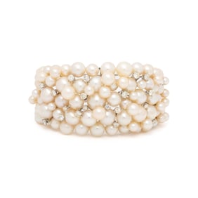 CULTURED PEARL, DIAMOND, AND WHITE GOLD BANGLE BRACELET
