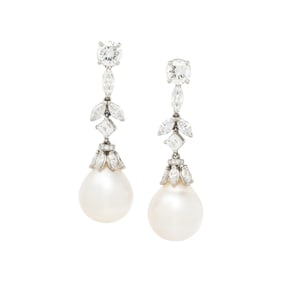 CULTURED PEARL AND DIAMOND DROP EARRINGS
