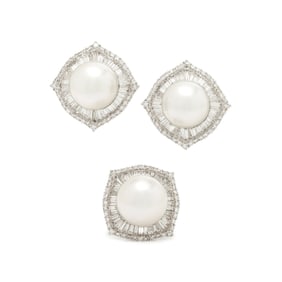 CULTURED PEARL, DIAMOND, AND WHITE GOLD EARRINGS AND RING