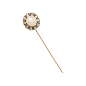 NATURAL PEARL AND DIAMOND STICK PIN