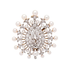 THEODORE B. STARR, EDWARDIAN, DIAMOND AND CULTURED PEARL LEAF BROOCH PENDANT