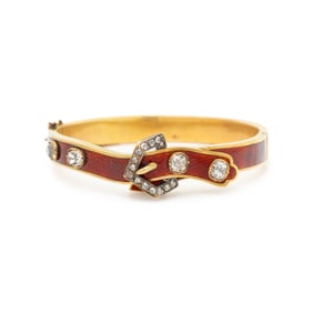VICTORIAN, DIAMOND, ENAMEL, AND YELLOW GOLD BUCKLE BANGLE BRACELET