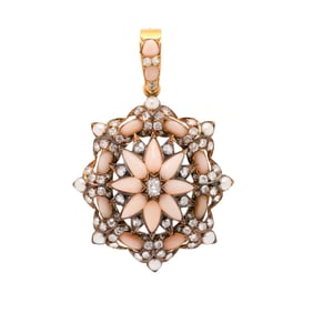 VICTORIAN, CORAL, DIAMOND, SEED PEARL, AND YELLOW GOLD PENDANT