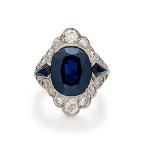 SAPPHIRE, DIAMOND, AND PLATINUM RING