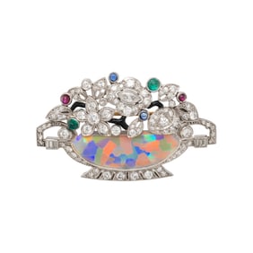CARTIER, ART DECO, BLACK OPAL, DIAMOND, RUBY, EMERALD, AND SAPPHIRE GIARDINETTO BROOCH