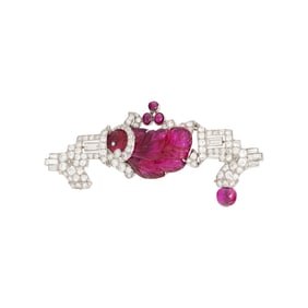 ART DECO, CARVED RUBY, DIAMOND, AND PLATINUM BROOCH