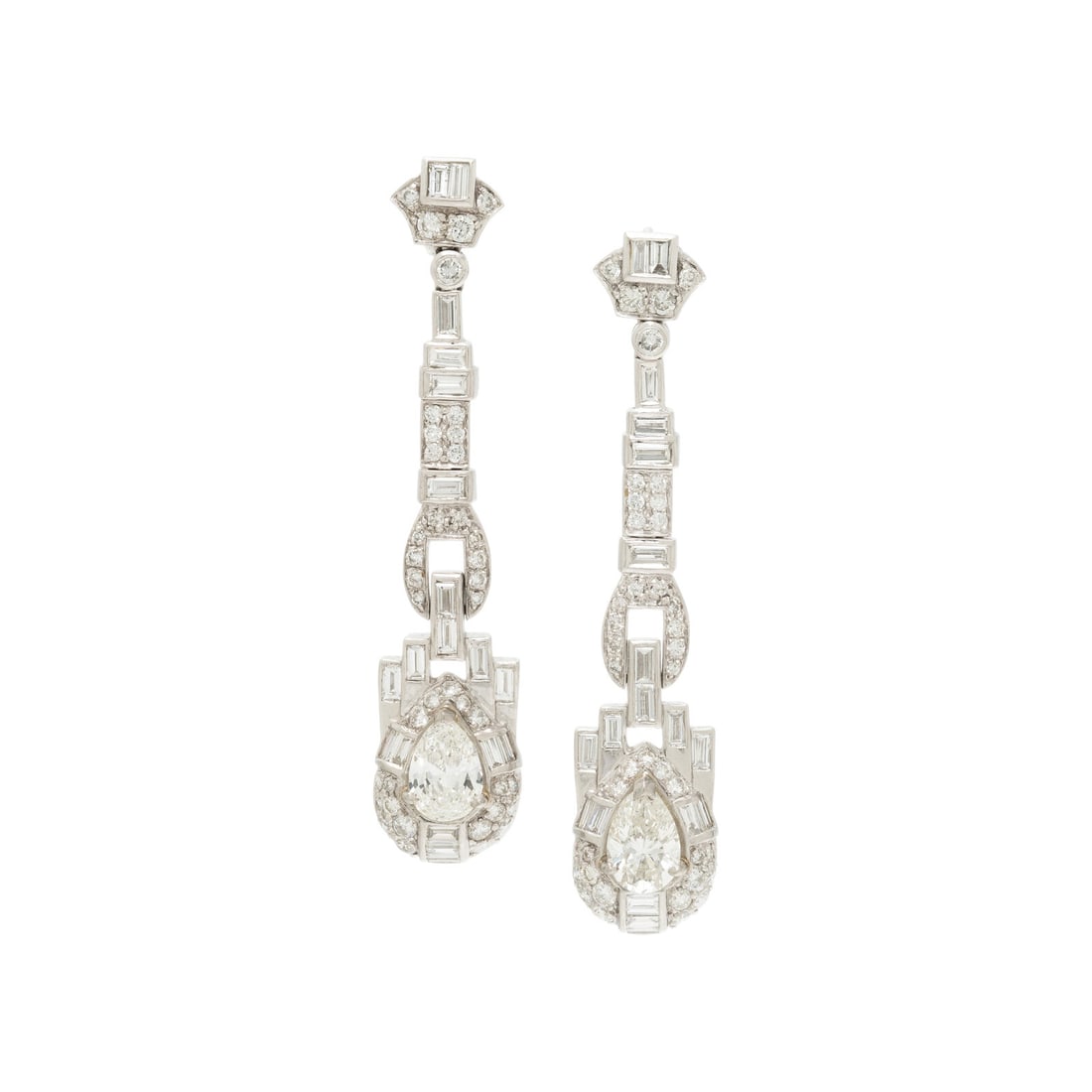 SOPHIA D., PLATINUM AND DIAMOND DROP EARRINGS: SOPHIA D., PLATINUM AND DIAMOND DROP EARRINGS In a geometric drop design, featuring pear shape diamonds weighing approximately 2.00 carats total, with numerous round and baguette cut diamonds weighing