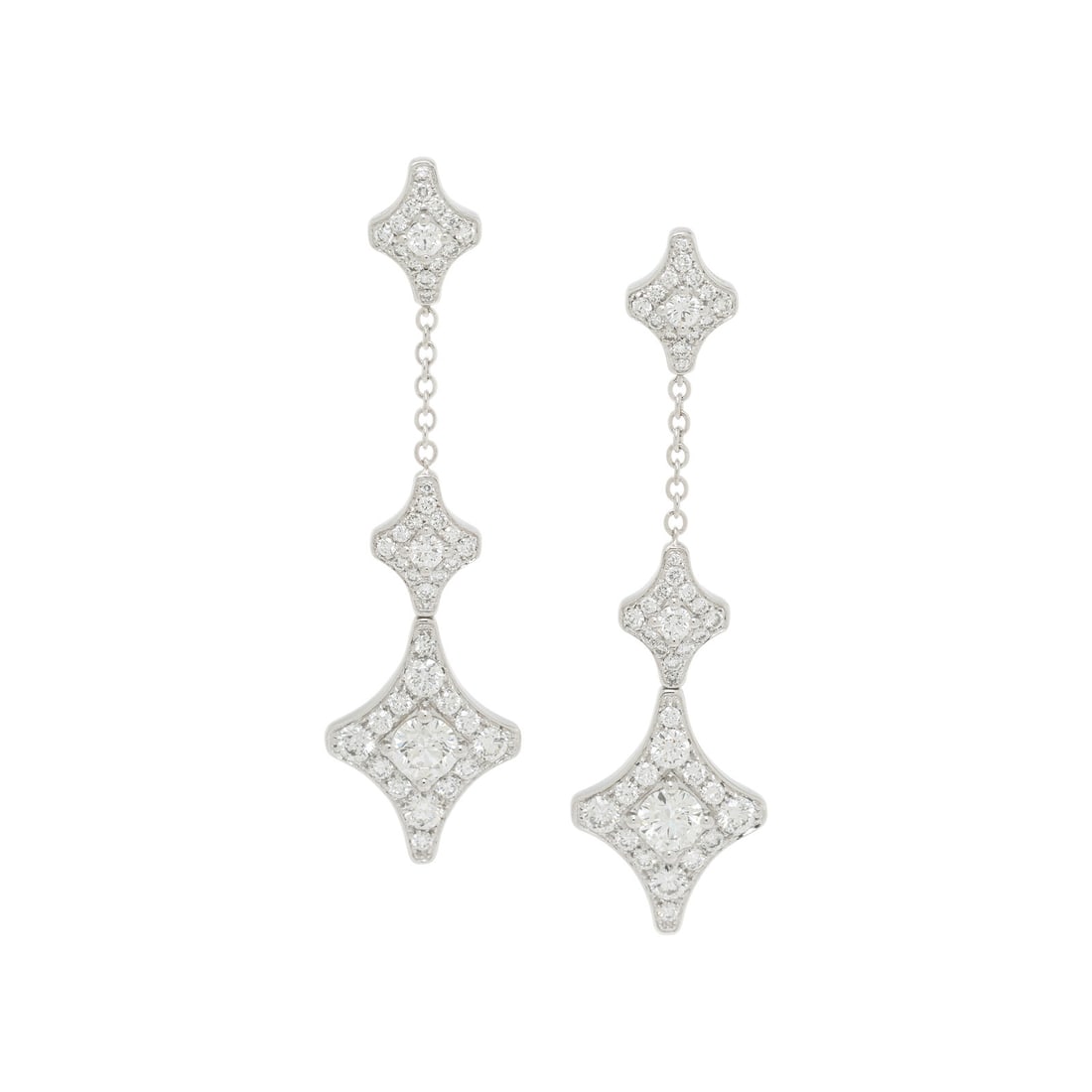 CHIMENTO, DIAMOND AND WHITE GOLD PENDANT EARRINGS: CHIMENTO, DIAMOND AND WHITE GOLD PENDANT EARRINGS Featuring pavé-set round diamonds weighing approximately 3.25 - 3.40 carats total, set in lozenge-shaped motifs. Mounted in 18 karat white gold. 2 1/