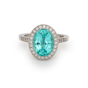 TIFFANY & CO., PARAIBA-TYPE TOURMALINE, DIAMOND, AND PLATINUM 'SOLESTE' 'LEAF BASKET' RING